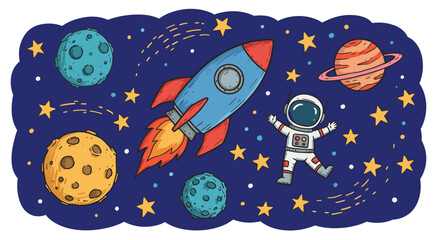 Space adventure vector illustration: rocket and astronaut journey in cartoon style for kids' room decor