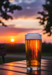 Sunset Beer on Wooden Table - A tall glass of beer sits on a wooden table outdoors at sunset. The sun is setting behind trees, creating a warm and inviting atmosphere