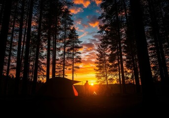 Sunset Camping in the Woods - Silhouetted campers enjoy a sunset campfire beside their tent in a forest. Peaceful and serene nature scene