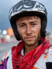Close-up of Young Male Motorcycle Rider Wearing Helmet and Protective Gear After Riding in Rain