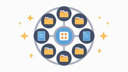 Illustration of a central square surrounded by folders and documents in a circular arrangement