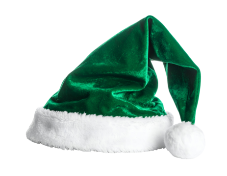 A vibrant green velvet Santa hat with a soft white trim and pom-pom evokes festive holiday cheer.