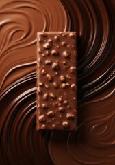 Swirled Chocolate Bar Delight - A delectable chocolate bar, studded with crunchy nuts, rests on a bed of rich, swirling dark chocolate.