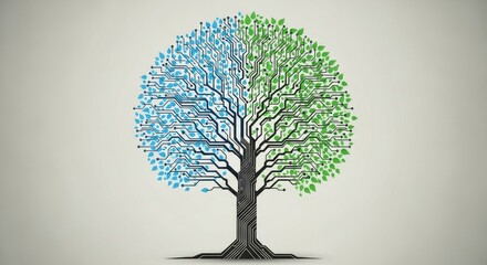 Technology Tree of Life - Abstract illustration of a tree with circuit board branches and leaves, symbolizing the connection between nature and technology