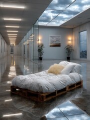 Modern, minimalist office space with a pallet bed and large skylight showcasing a cloudy sky