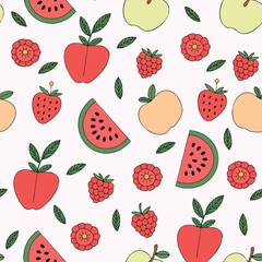 A cheerful seamless pattern of cute cartoon summer fruits. This playful doodle design with apples, strawberries, and watermelon is perfect for children's products or fun, fresh picnic themes