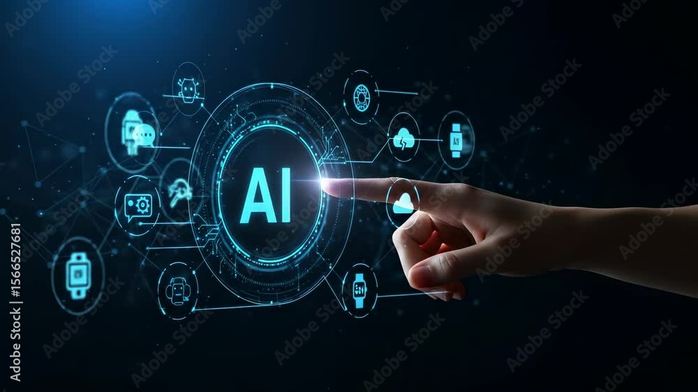 Poster ai integration: a finger taps a luminous 'ai' button, connecting diverse tech icons and symbolizing 