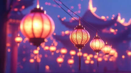 Fototapeta premium Many glowing lanterns hang in a serene, Asian-style night landscape. Soft lighting and pastel colors create a peaceful ambiance.