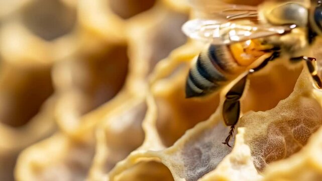 A bee is seen on a yellow surface. The bee is in the middle of the image and is the main focus