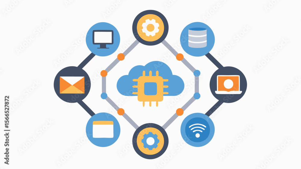 Aufkleber illustration of a cloud computing network with devices and services connected to the cloud core