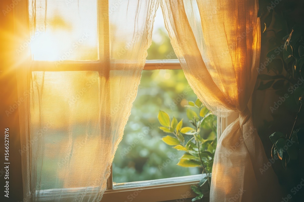 Poster sunlight shines through sheer curtains by an open window, plant visible. use this for concepts like 