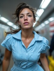 Close-up of a young woman with flowing hair and natural makeup in an indoor setting with bright fluorescent lighting