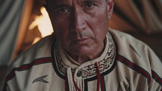 Homme &acirc;g&eacute; en tunique traditionnelle beige dans une tente