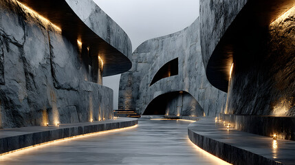 hd realistic shot of abstract architectural interior with curved walls and stone texture.