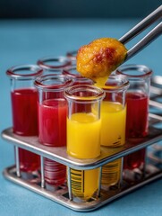 Food Scientist Using Tongs to Place Fried Food Into Small Beakers With Red and Yellow Liquid
