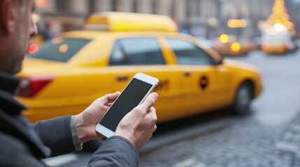 Man using smartphone near yellow taxi cab in city street.
