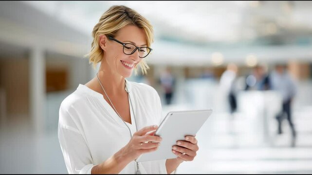 Smiling confident mature businessman holding tab computer technology looking away at copy space.