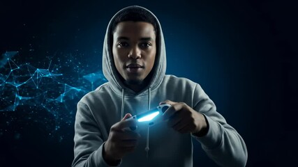 Gaming Teen: An enthusiastic African-American teenager in his 20s, intensely playing a video game with a controller, set against a digital network backdrop. - Powered by Adobe