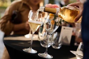 Pouring champagne into elegant  glass	