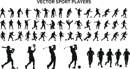 Vector sport players silhouettes, athletic poses, running, soccer, baseball, tennis, golf, fitness action, sports collection, athlete movement, training, physical activity