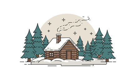 Winter cabin in snowy forest vector illustration - cozy holiday design for posters and cards