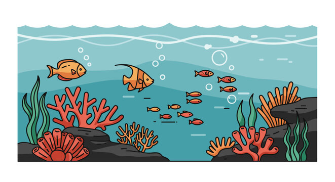 Marine life underwater scene with coral reefs and fish in flat vector illustration