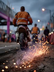 Motorcyclist riding through a construction zone while sparks fly from the ground, urban setting during twilight