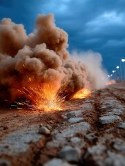 Explosive device detonating on sandy terrain with smoke and sparks during dusk