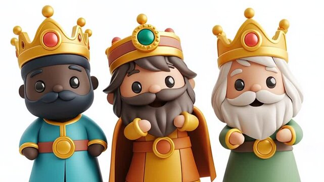 Adorables 3 Reyes Magos de dibujos animados en 3d, hechos de plastilina, cantando villancicos en navidad, sobre fondo blanco