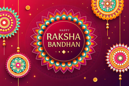 Elegant Raksha Bandhan greeting background with intricate mandala patterns, decorative elements, and glowing festive elements in red and gold - Powered by Adobe