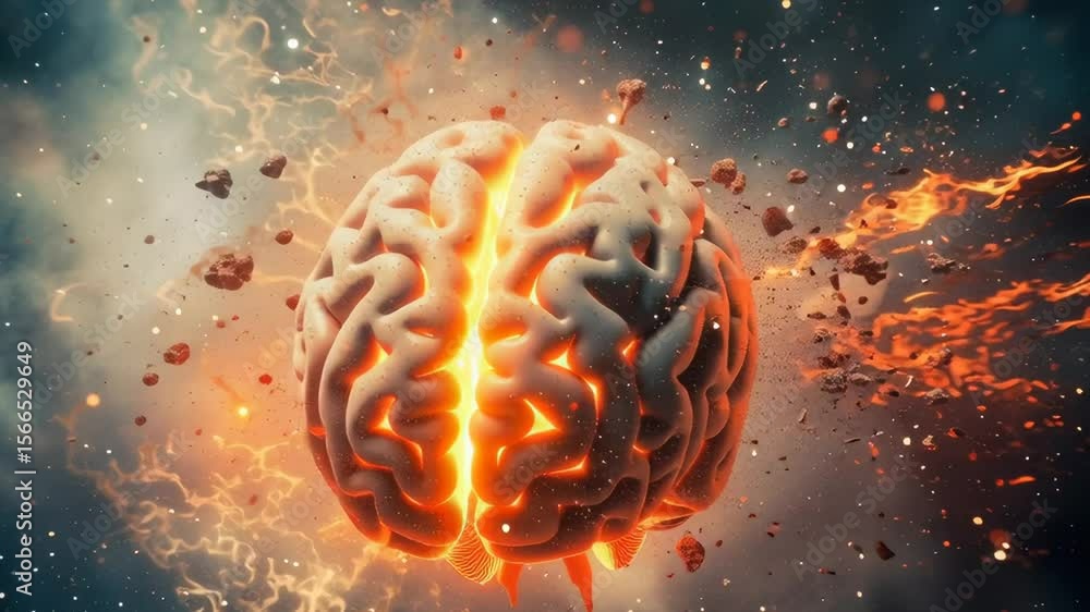 Aufkleber a brain is exploding in a fiery explosion. the brain is surrounded by a cloud of smoke and debris. t