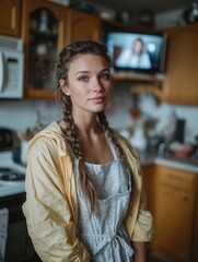 Young woman with braided hair in kitchen wearing apron and yellow jacket, looking at camera