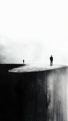 Minimalist surrealist black and white image of two people standing on platform that rise dramatically from a dark, undefined void convening isolation and existential reflection. Copy space, 16:9