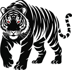 Fototapeta premium Powerful vector illustration of a black and white walking tiger with fierce red eyes