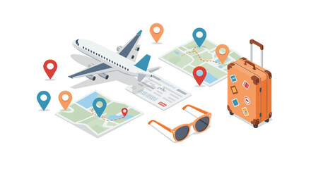 Obraz premium Travel planning isometric vector illustration with airplane, maps, suitcase, and sunglasses for vacation design