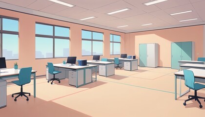 Empty office space with pastel colors and natural light.