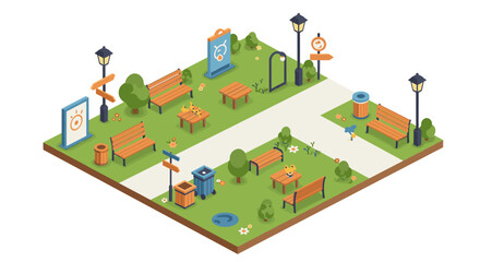 Isometric vector illustration of a peaceful urban park scene with benches and pathways for design projects