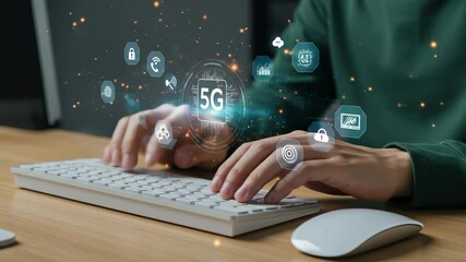 5G Technology: Man in his twenties typing on keyboard showing wireless network and security icons. - Powered by Adobe
