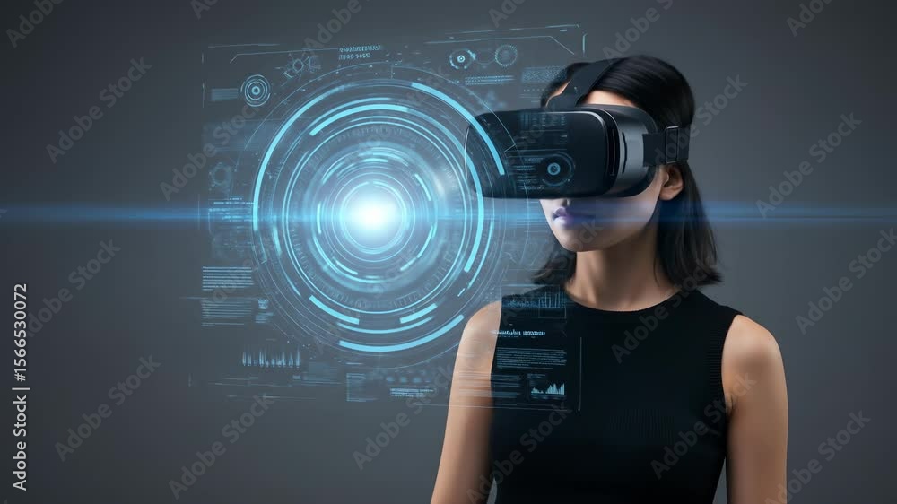Poster futuristic technology: an east asian woman in her 20s interacts with a virtual reality interface usi
