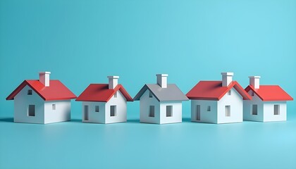 A row of small white houses with red roofs lined up against a solid blue background