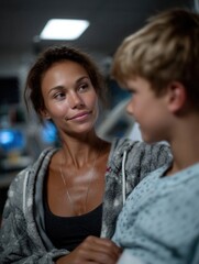 Mother Comforting Son in a Hospital with Gentle Smile in a Modern Medical Environment