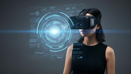 Futuristic Technology: An East Asian woman in her 20s interacts with a virtual reality interface using a VR headset, exploring advanced data visualization in a modern, sleek environment. - Powered by Adobe