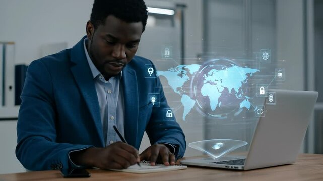 [Cybersecurity Business Strategy] Successful Black business man in 30s wearing a suit uses laptop for secure global data strategy at his office desk while noting ideas for future innovation. - Powered by Adobe