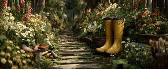 The vibrant garden pathway with yellow boots and gardening tools in sunlight.