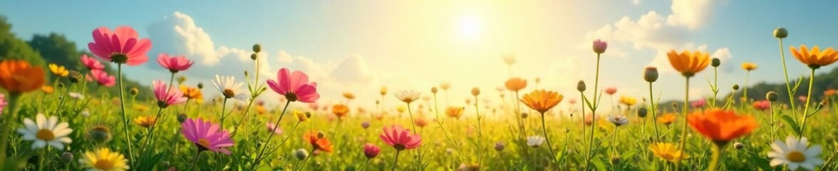 Vibrant Wildflowers Exploding with Color in a Sun-Drenched Meadow, Hazy Summer Sky Backdrop - Tranquil Nature Photography