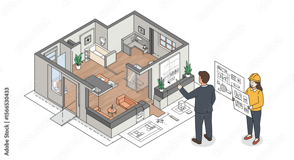 Poster architectural planning and design visualized in isometric vector illustration for project presentati