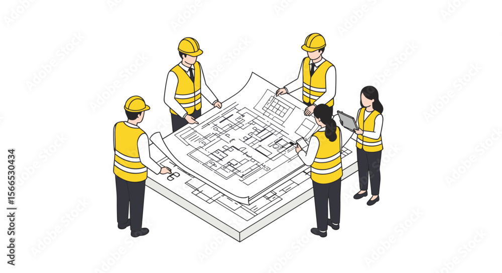 Poster construction team reviewing blueprint in flat design vector illustration for project planning and ar
