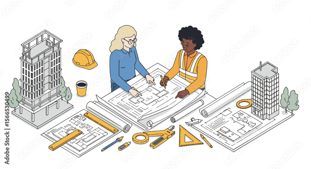 Poster architectural planning concept vector illustration for design and print with engineers in flat style