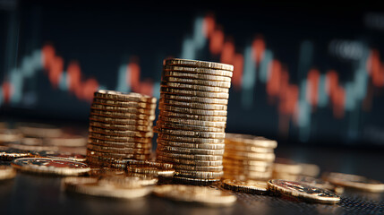 Stack of golden coins growing higher with digital bar graph overlay, futuristic financial technology background