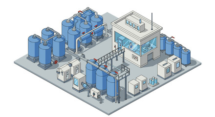 Obraz premium Isometric water treatment plant vector illustration for industrial design